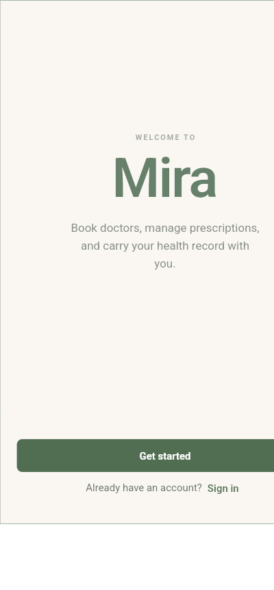 Mira patient app welcome screen